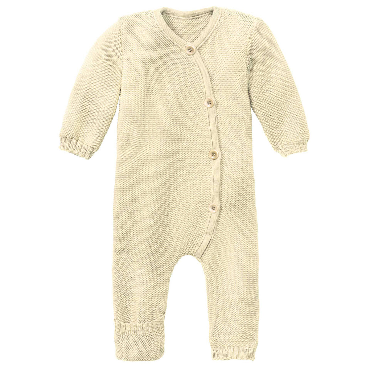 Beige baby knitted onesie on a white background