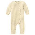 Beige baby knitted onesie on a white background