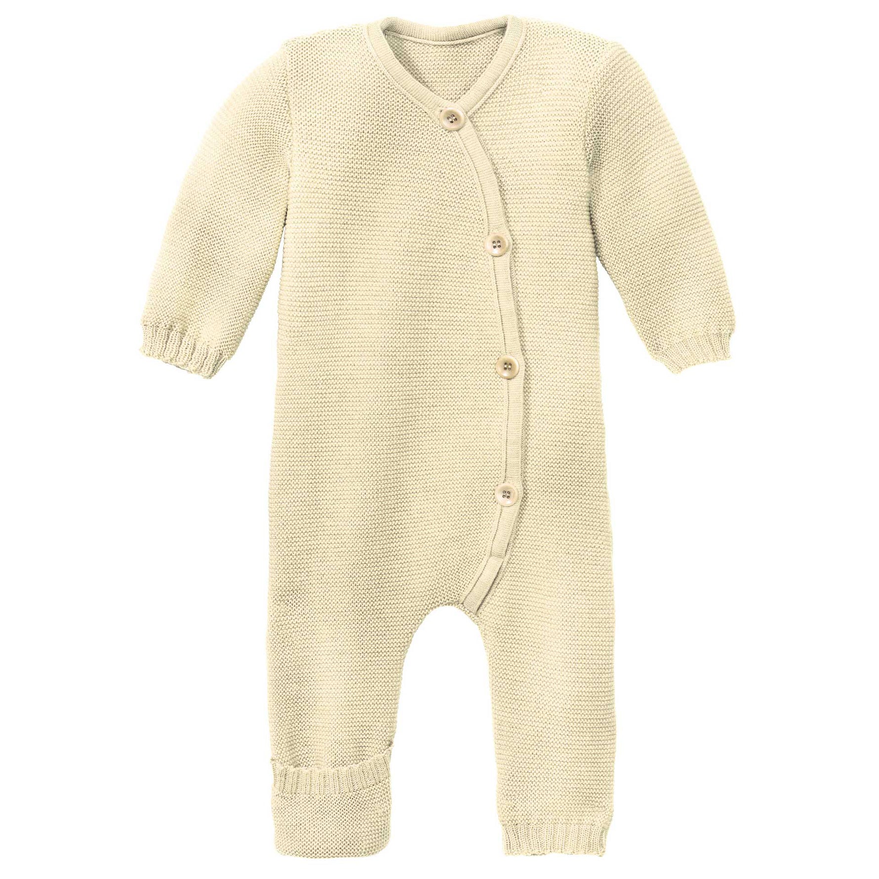 Beige baby knitted onesie on a white background