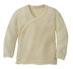 Beige baby cardigan with buttons on a white background