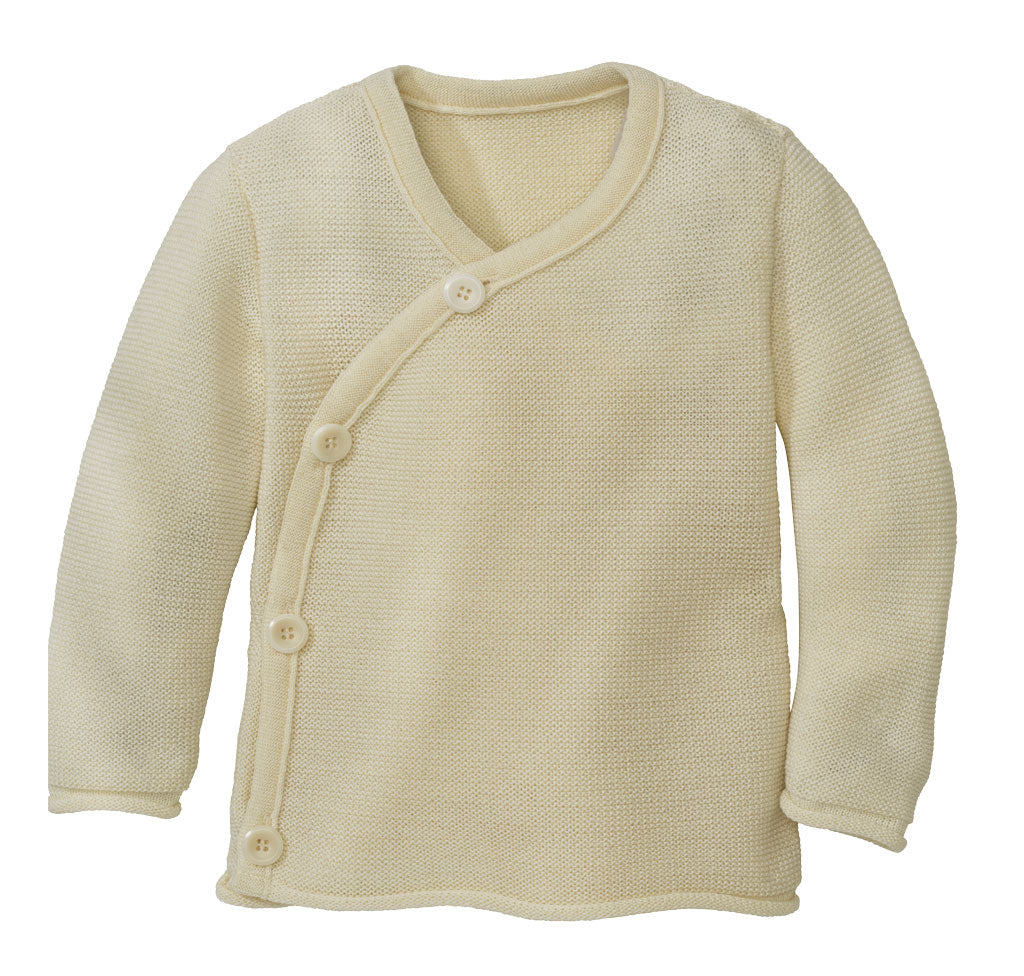 Beige baby cardigan with buttons on a white background