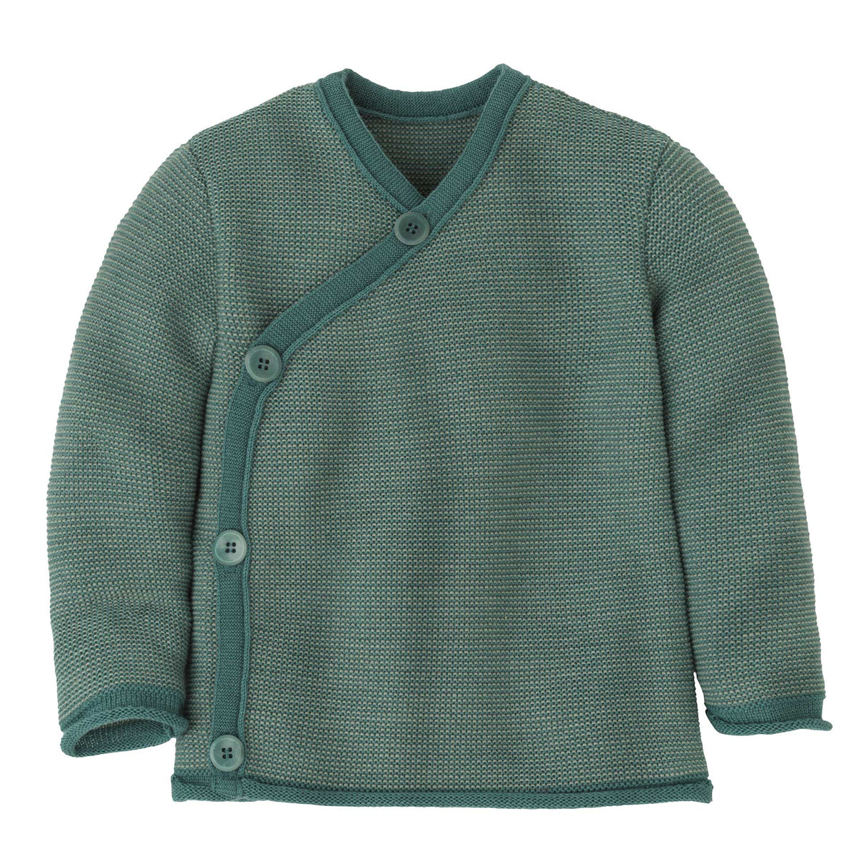 Green knitted baby wool cardigan on a white background