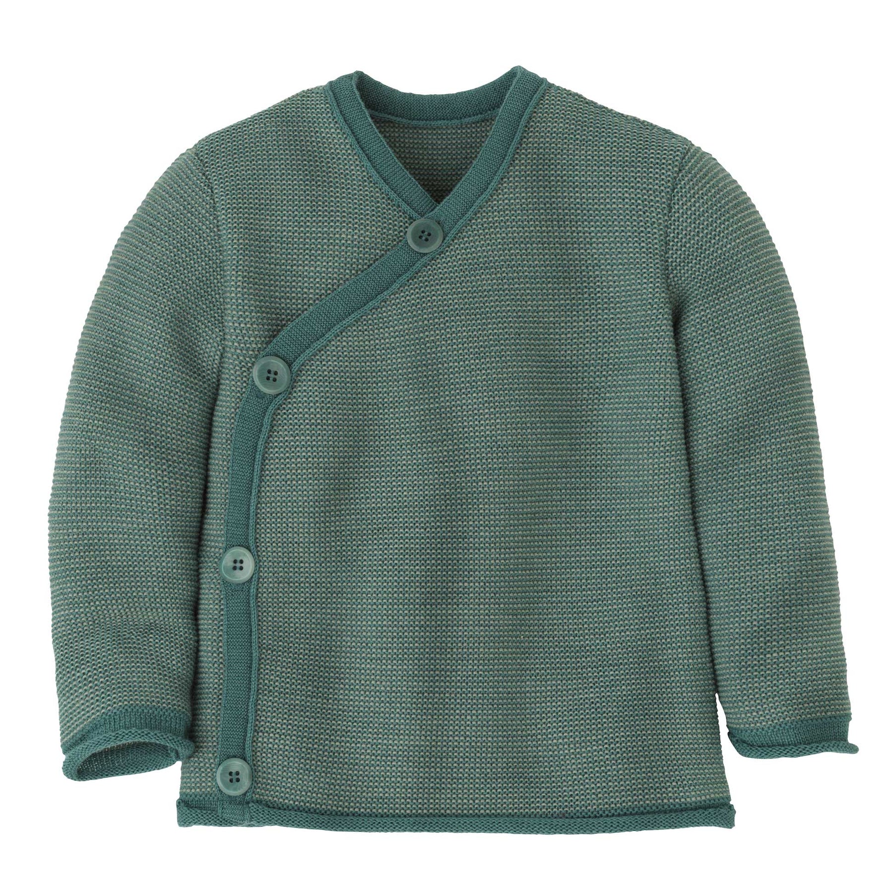 Green knitted baby wool cardigan on a white background
