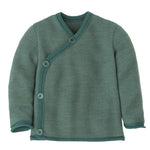 Green knitted baby wool cardigan on a white background