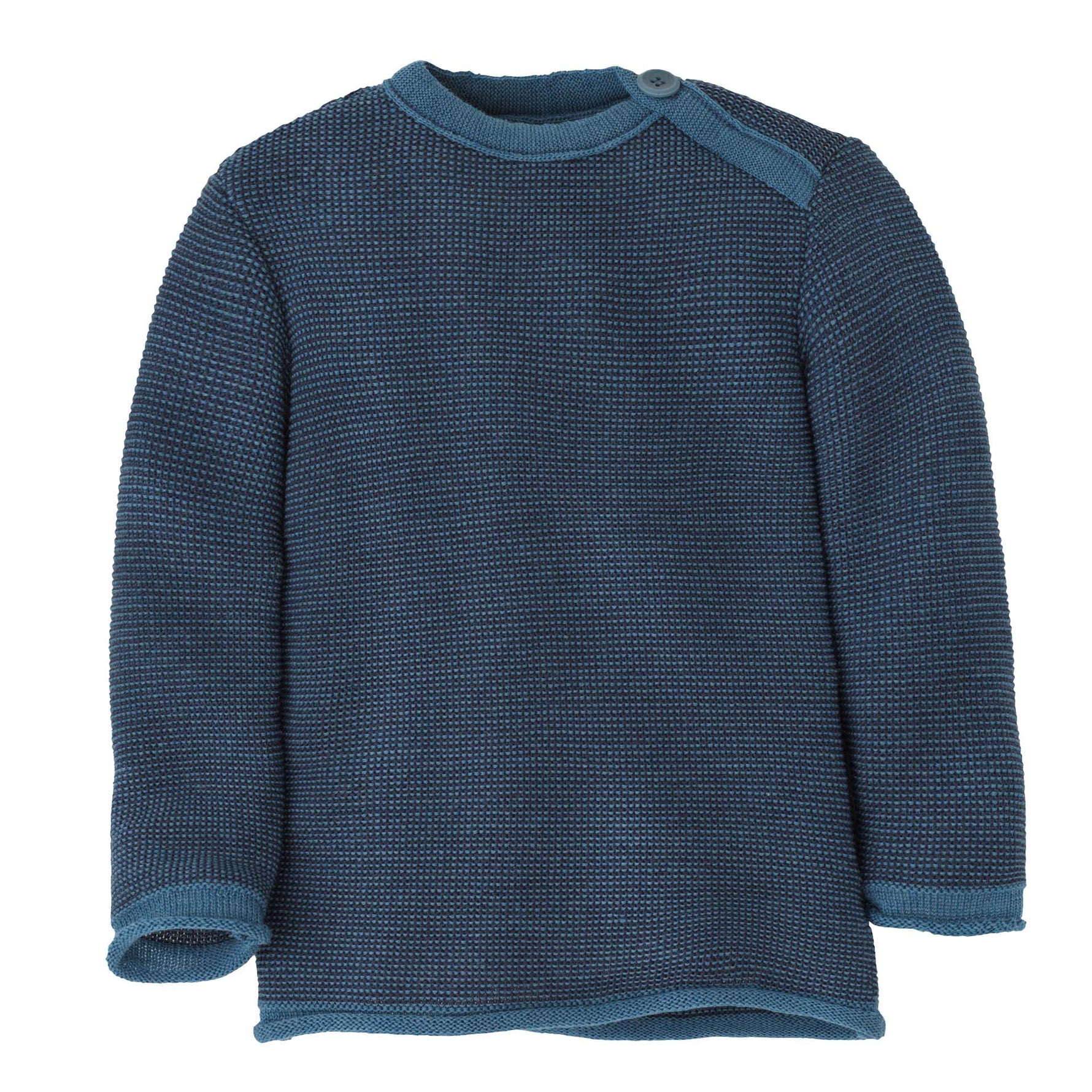 Blue knitted merino wool sweater from Disana on a white background
