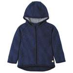 Blue boiled wool jacket with hood on a white background