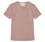 Dusty rose merino wool t-shirt with an Engel brand label on a white background