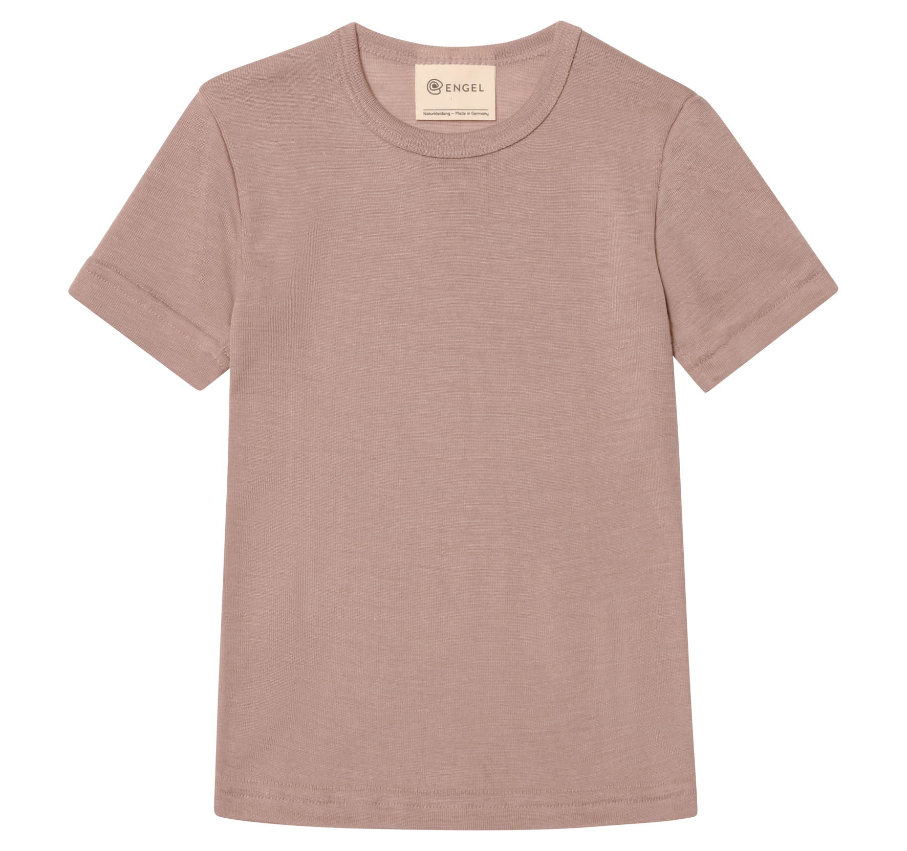 Dusty rose merino wool t-shirt with an Engel brand label on a white background