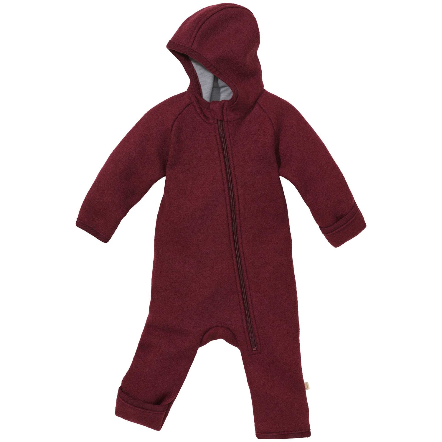 Maroon baby onesie with a hood on a white background