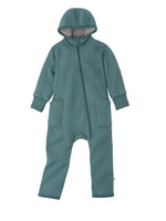 Green baby onesie with a hood on a white background