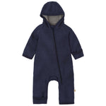 Navy blue baby onesie with a hood on a white background