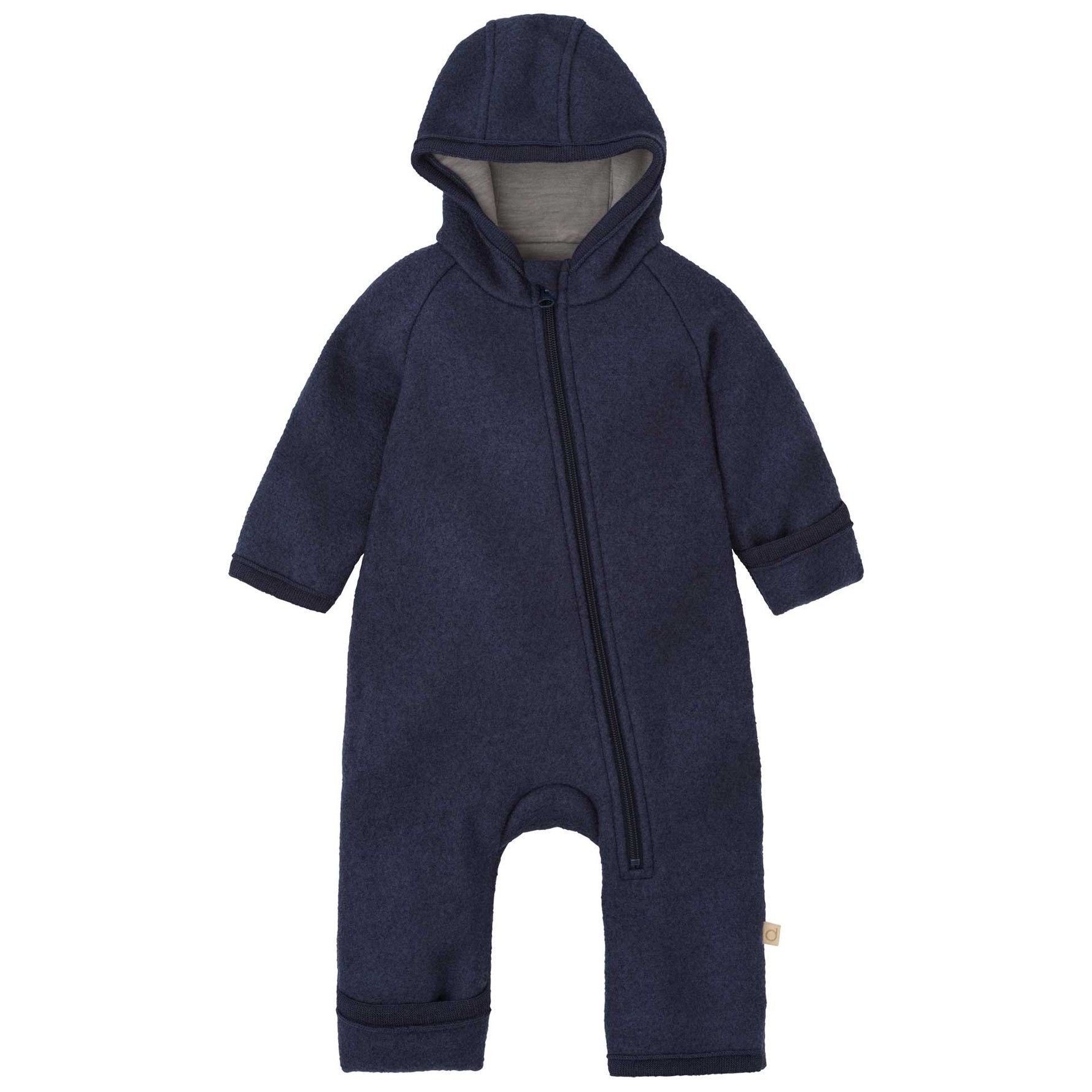 Navy blue baby onesie with a hood on a white background