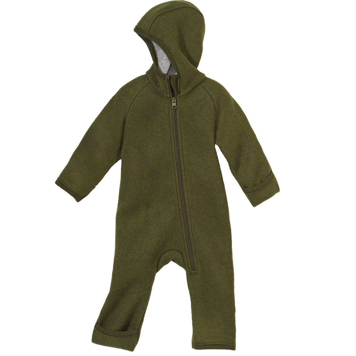 Green baby onesie with a hood on a white background
