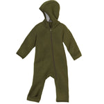 Green baby onesie with a hood on a white background