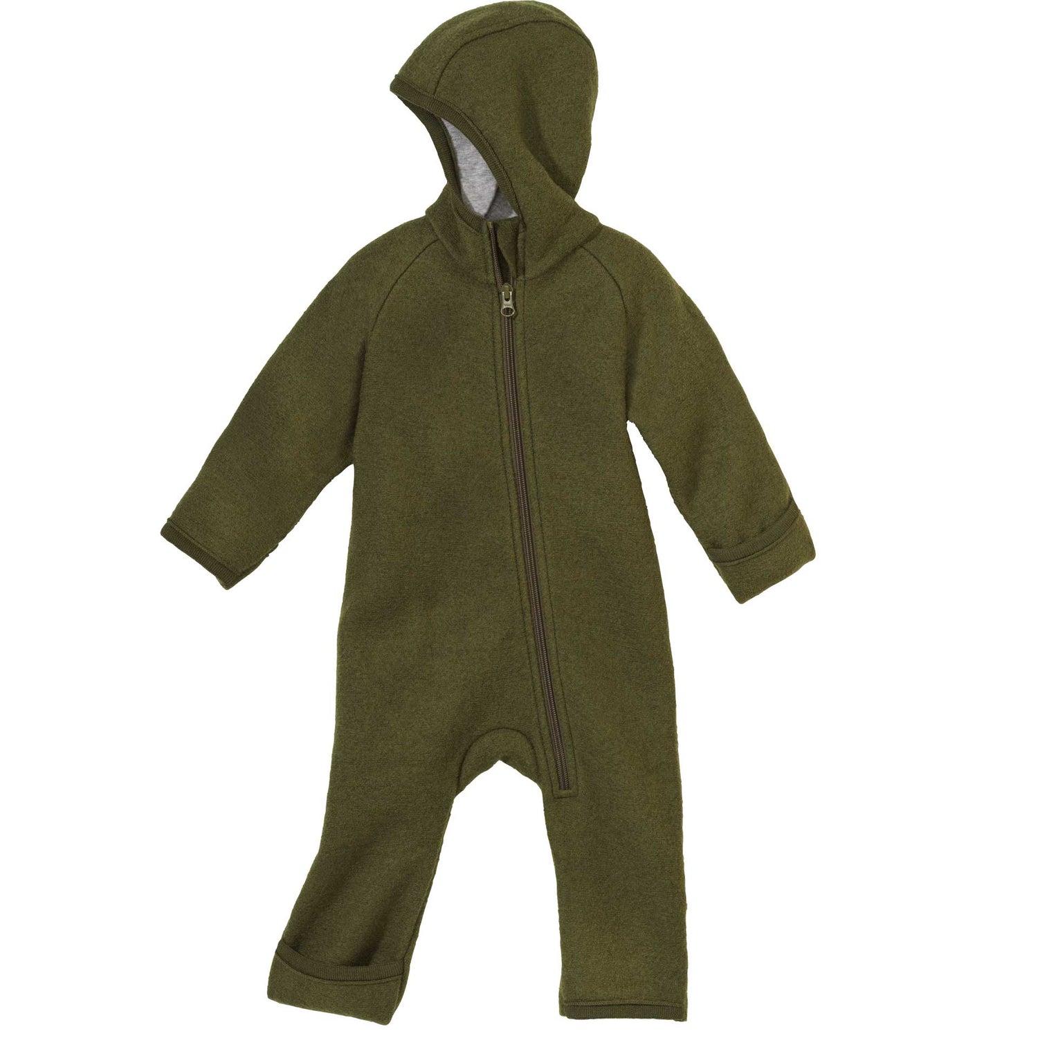 Green baby onesie with a hood on a white background