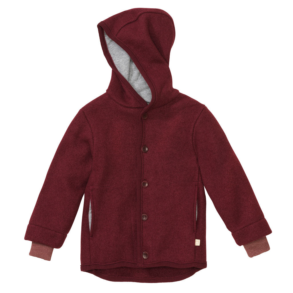Red hooded jacket with buttons on a white background