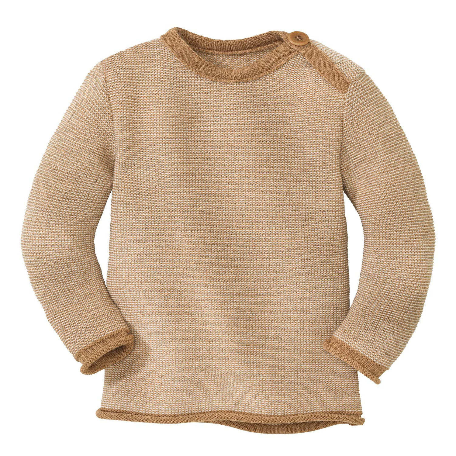 Beige knitted sweater with brown ribbed trim on a white background