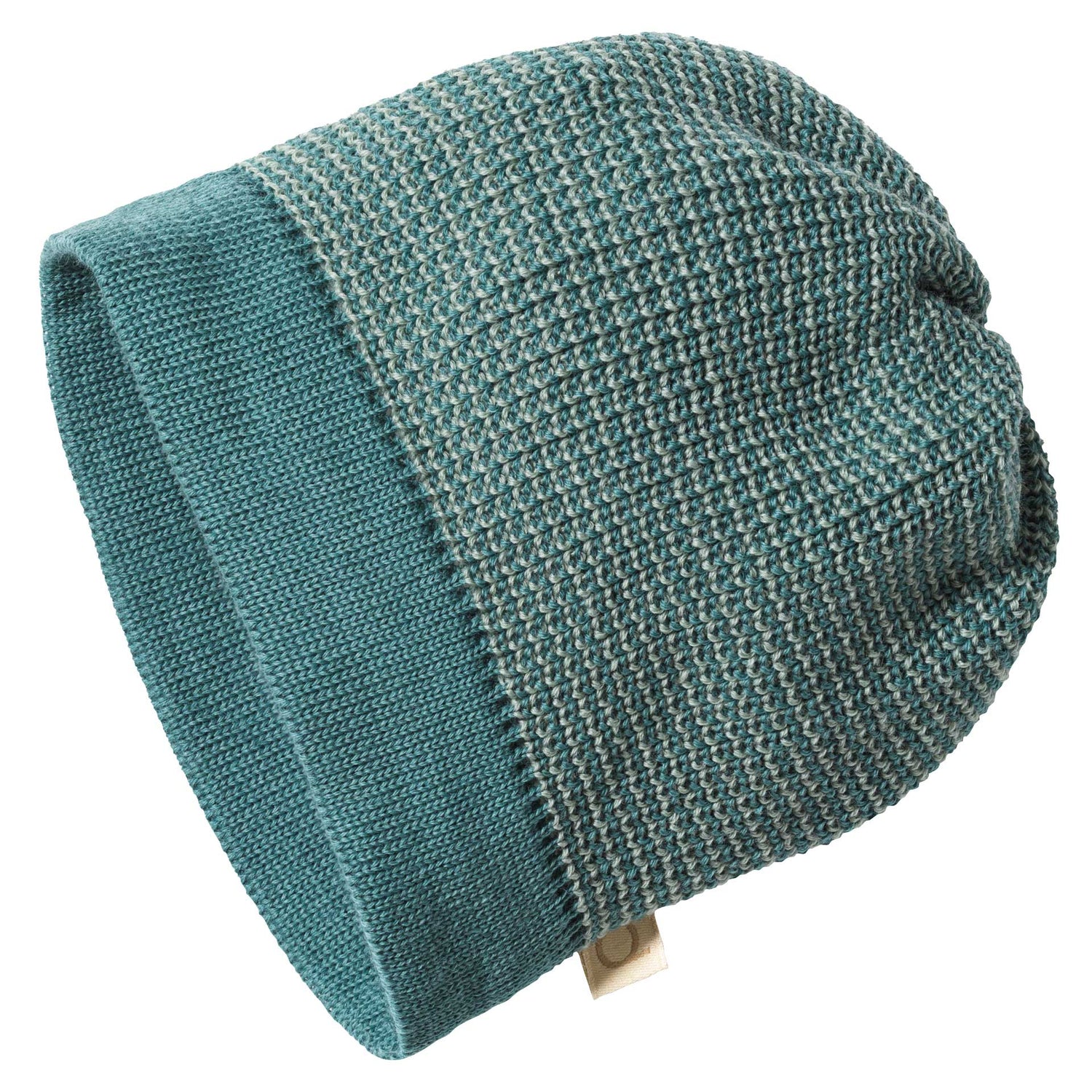 Teal knit beanie on a white background