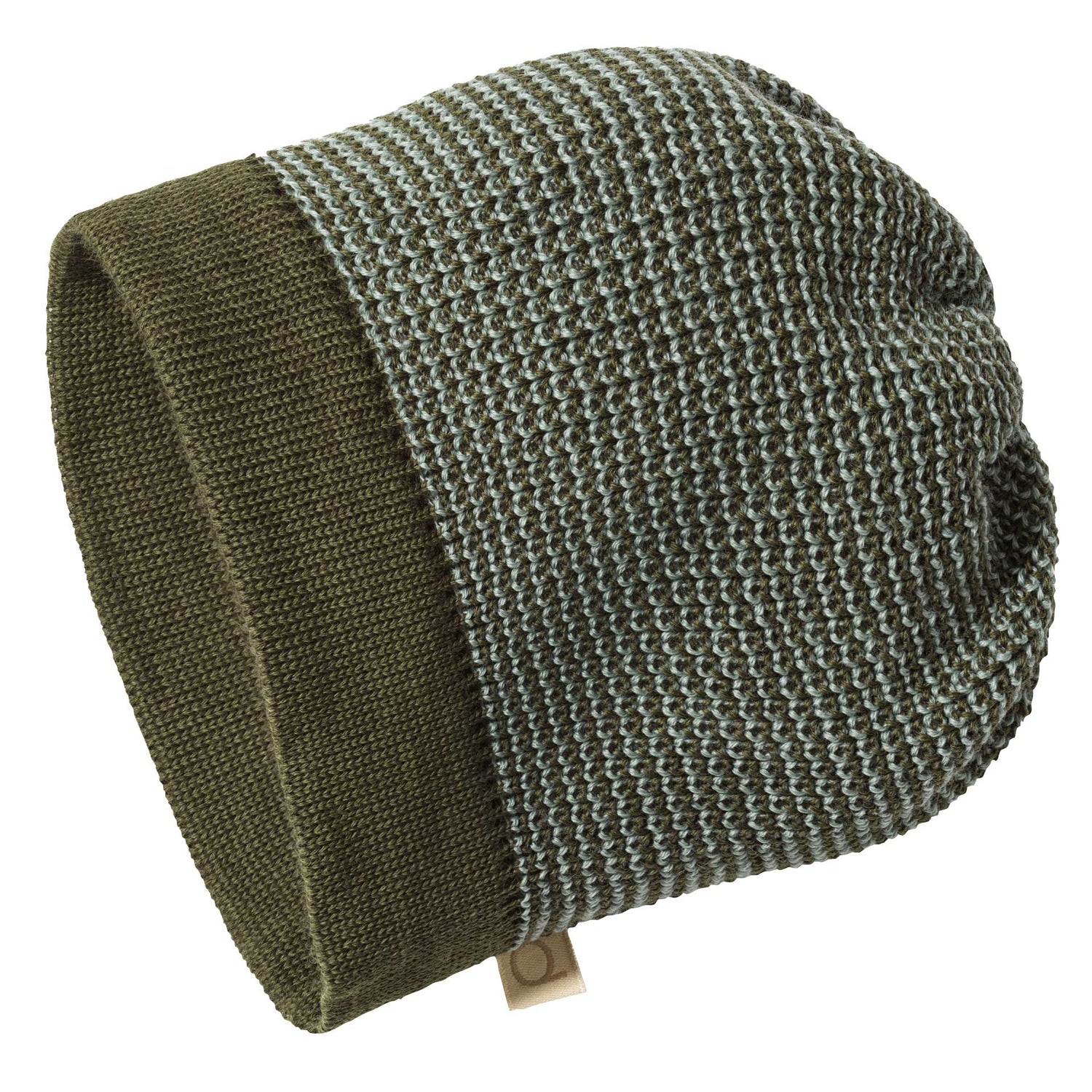 Green knitted beanie with a brand tag on a white background